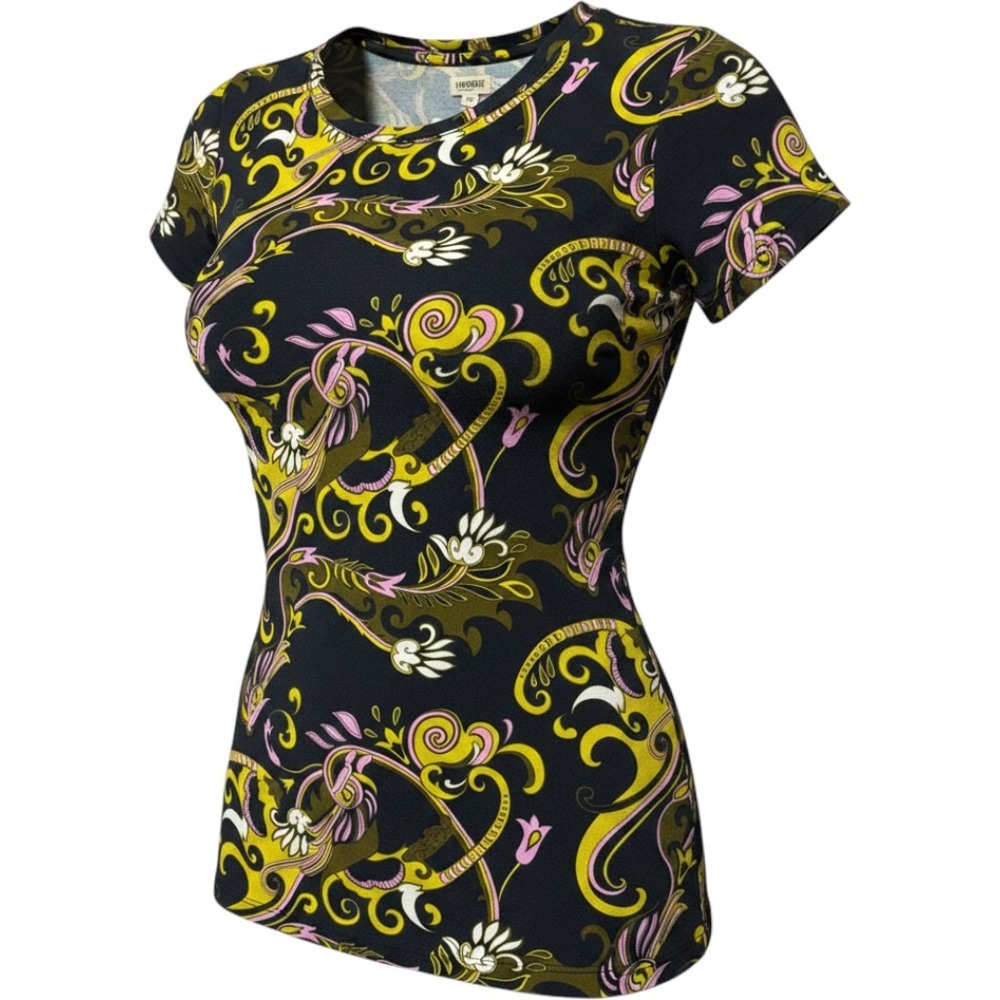 LAGENCE Womens Paisley Floral Scroll Print Short Sleeve Crewneck Tee Shirt M